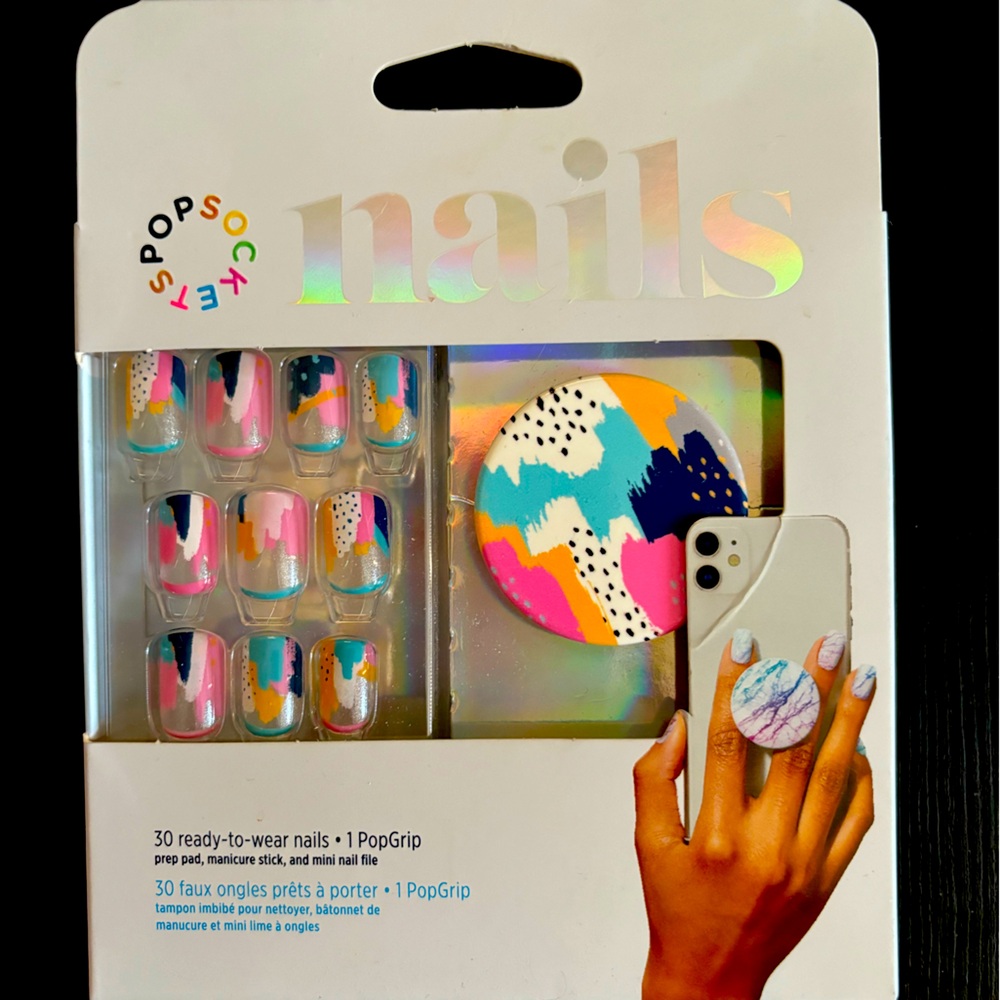 Pop Sockets Nails NEW 30 Faux Nails & 1 matching Pop Socket Paint Splatter